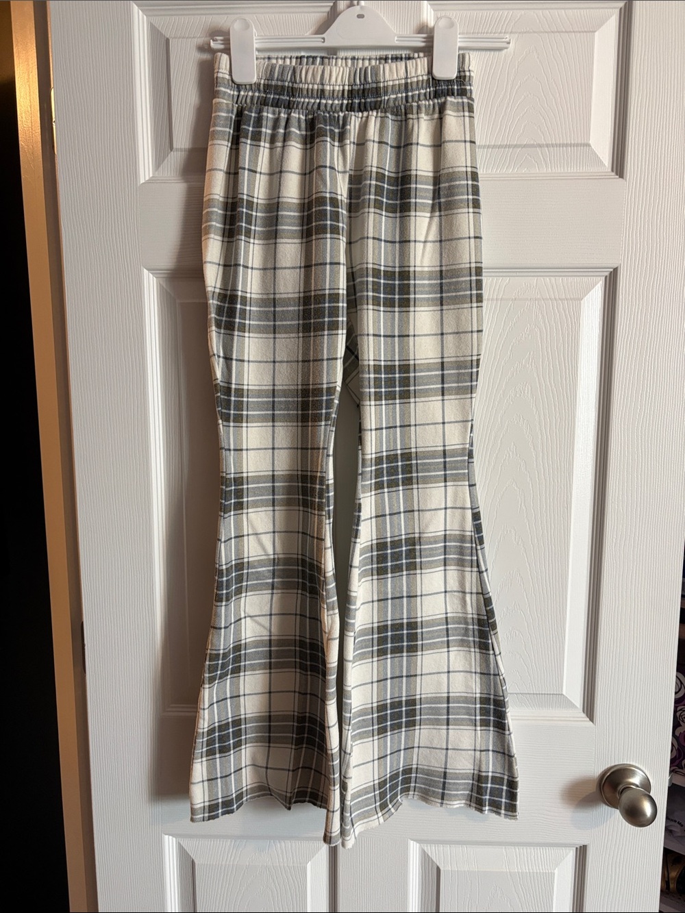 Cream and Gray/Blue Plaid Flare Cropped Sweatpants